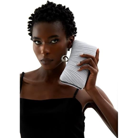 Womens Golden Glitter Clutch Purse Pleated Evening Bag for Bridal Wedding Party - Picture 4 of 6